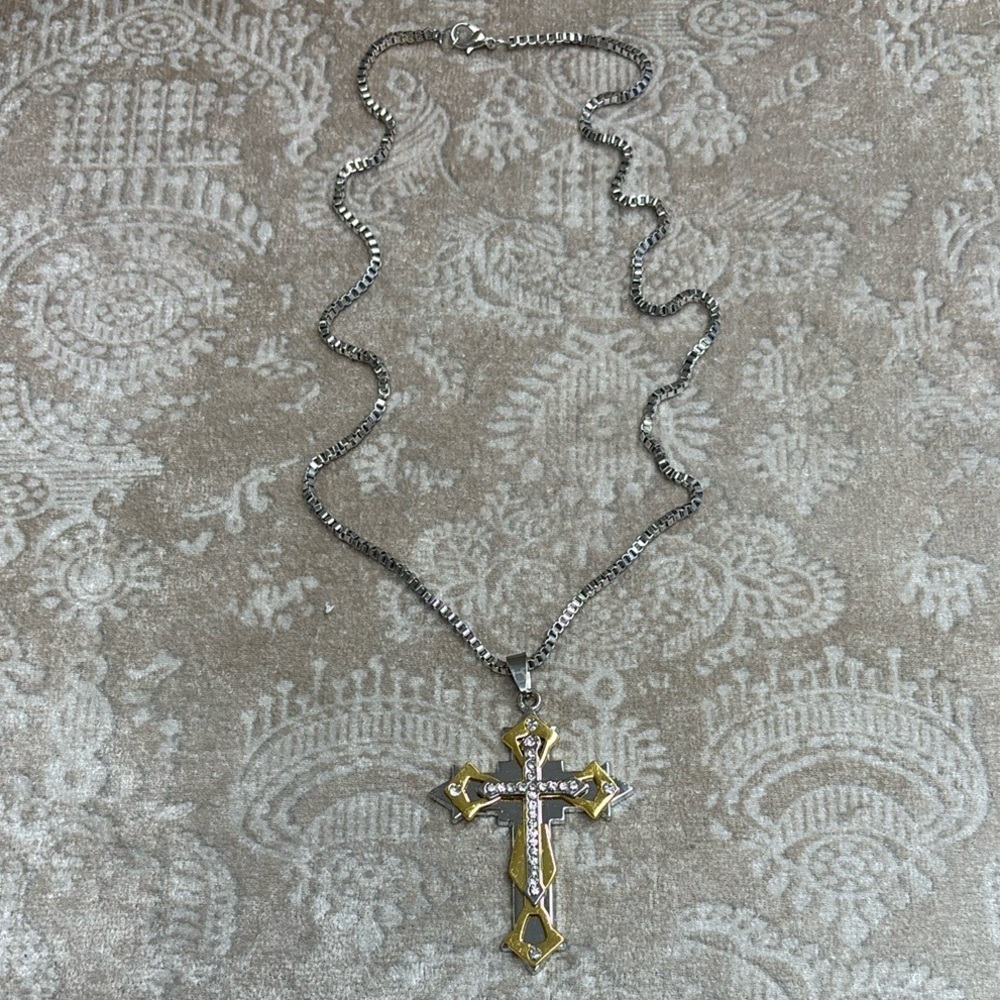 Two Tone  Scalloped Gold & Silver Ornate Crucifix Cross Necklace Masculine Faith